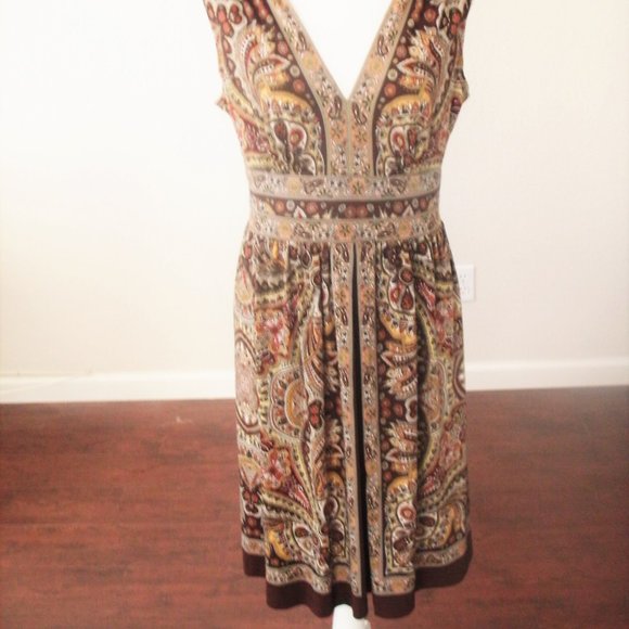 Perceptions Sze 8 Brn, Gold,Yellow, Rust Paisley Deep V Neck Dress Wide … - Picture 6 of 6